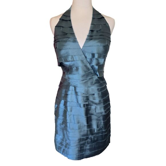 VTG Y2K BEBE Dress Halter Bodycon Mini Blue Ruffle Disco Prom Hoco Paris Hilton - Picture 1 of 6